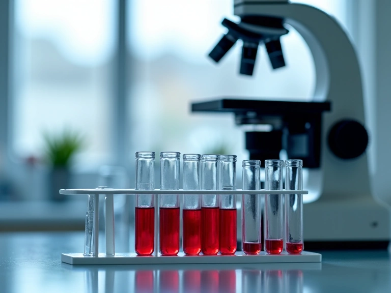 Laboratoryjne szkło i probówki z próbkami krwi, symbolizujące analizę badań