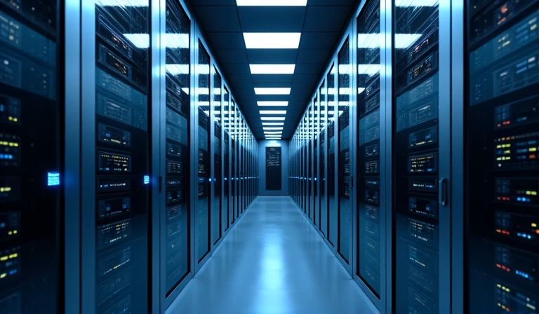 Secure data storage facility with server racks and security symbols